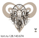 Tattoo aries and dream catcher. Zodiac sign with decorative elements of Indian and boho. Стоковая иллюстрация, иллюстратор Александр Павлов / Фотобанк Лори
