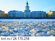 The building of the Kunstkammer (Museum of anthropology and Ethnography named after Peter the Great of the Russian Academy of Sciences) on the background of ice drifts illuminated by the sun at sunset on the Neva river vertically in Saint-Petersburg (2018 год). Редакционное фото, фотограф Максим Мицун / Фотобанк Лори