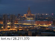 Residential buildings, skyscrapers and roofs at summer night in Moscow, Russia (2016 год). Стоковое фото, фотограф Losevsky Pavel / Фотобанк Лори
