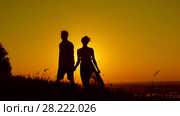 Loving couple - young man and beautiful girl walking at sunset meadow - silhouette. Стоковое видео, видеограф Константин Шишкин / Фотобанк Лори