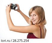 Девушка фотографирует сама себя на компактный фотоаппарат. Стоковое фото, фотограф Давид Мзареулян / Фотобанк Лори