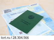 Листок нетрудоспособности, полис обязательного медицинского страхования и трудовая книжка. Стоковое фото, фотограф Елена Коромыслова / Фотобанк Лори