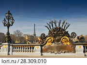 Art Nouveau lamp on Pont Alexandre III (Alexandre III Bridge) and Eiffel Tower in the background, Paris France. Стоковое фото, агентство BE&W Photo / Фотобанк Лори