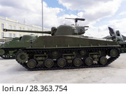 Verkhnyaya Pyshma, Russia - March 01, 2018: American  medium tank, M4A2(76)W HVSS Sherman in the museum of military equipment. Редакционное фото, фотограф Евгений Харитонов / Фотобанк Лори