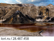 Lake with red water with dissolved pyrite salts in the desert landscape of a spent quarry. Стоковое фото, фотограф Евгений Харитонов / Фотобанк Лори