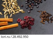 Cloves cardamom cinnamon juniper berries and dried cranberries Gyn tonic spices. Стоковое фото, агентство Ingram Publishing / Фотобанк Лори