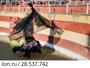 Portrait of a pretty woman, model of fashion, wearing a dress in a bullring. Spanish style. Стоковое фото, фотограф Javier Sánchez Mingorance / Ingram Publishing / Фотобанк Лори