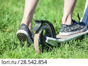 Child drives push stand-up scooter on green grass, close up rear view. Стоковое фото, фотограф Кекяляйнен Андрей / Фотобанк Лори