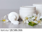 Cosmetics on a light background with spring flowers. Hand care cream comes out of the tube, in white jars there are cosmetic products for face and body care. Spring make-up. Still life. Стоковое фото, фотограф Виктория Катьянова / Фотобанк Лори