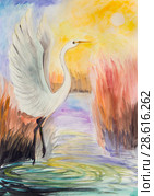 Morning on the lake. The white Heron raised its wings against the background of the rising sun. Стоковая иллюстрация, иллюстратор Олег Хархан / Фотобанк Лори
