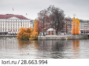 Cityscape of Geneva city. Rousseau island (2016 год). Редакционное фото, фотограф EugeneSergeev / Фотобанк Лори