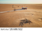 A wooden boat and other touristic constructions at the large salt lake Chott El Jerid, Tunisia. Morning time. October. Стоковое фото, фотограф Сергей Цепек / Фотобанк Лори