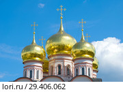 Купола собора Иконы Божией Матери Иверской крупным планом солнечным днем. Валдайский Иверский Святоозерский Богородицкий монастырь. Валдай, Россия (2018 год). Стоковое фото, фотограф Виктор Карасев / Фотобанк Лори