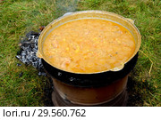 Приготовление тушеного картофеля с мясом в казане на печке с углями. Стоковое фото, фотограф Ирина Борсученко / Фотобанк Лори