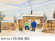 Winter rural landscape with two women near a wooden house. Стоковое фото, фотограф Олег Хархан / Фотобанк Лори