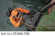 Водолаз берет на корабле инструменты и погружается в море (2018 год). Редакционное видео, видеограф А. А. Пирагис / Фотобанк Лори