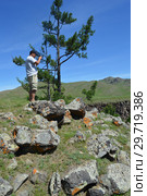 Турист около Larix gmelinii (Rupr.). Монголия. Каньон реки Улаан (2016 год). Редакционное фото, фотограф Светлана Федорова / Фотобанк Лори