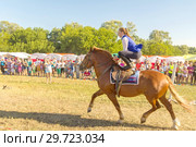 Russia, Samara, July, 2018: a Cossack girl rides a horse and performs tricks. Редакционное фото, фотограф Акиньшин Владимир / Фотобанк Лори