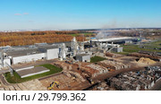 Wood processing at a woodworking plant.Aerial view. Стоковое видео, видеограф Никита Ковалёв / Фотобанк Лори