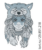Native American girl with Wolf headdress. Hand drawn illustration. Can be used for creating logo, posters, flyers, emblem, prints, tattoo, web. Стоковая иллюстрация, иллюстратор Александр Павлов / Фотобанк Лори