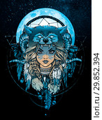 Native American girl with Wolf headdress. Hand drawn vector illustration. Can be used for creating logo, posters, flyers, emblem, prints, tattoo, web. Стоковая иллюстрация, иллюстратор Александр Павлов / Фотобанк Лори