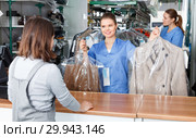 Girl worker of laundry regretfully excusing while giving clothes after dry cleaning to female client. Стоковое фото, фотограф Яков Филимонов / Фотобанк Лори