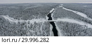 Amazing Wild Olanga River In Frozen Forest. Really Snowly Winter On The North. Aerial,  Paanajärvi, Karelia, Russia. Стоковое фото, фотограф Кирилл Трифонов / Фотобанк Лори