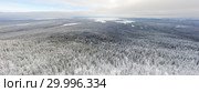 Aerial panorama of winter snowy landscape with forest, Kevakka mountain and lake, Paanajärvi, Karelia, Russia. Стоковое фото, фотограф Кирилл Трифонов / Фотобанк Лори