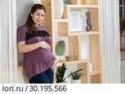 Беременная женщина стоит у подоконника в квартире. Стоковое фото, фотограф Кекяляйнен Андрей / Фотобанк Лори