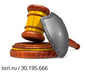 wooden gavel and shield on white background. Isolated 3D illustration. Стоковая иллюстрация, иллюстратор Ильин Сергей / Фотобанк Лори
