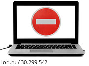 Laptop with a do not enter road sign on the screen isolated on white. Denied access concept. Стоковое фото, фотограф Георгий Дзюра / Фотобанк Лори