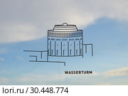 Водонапорная башня (Wasserturm), рисунок на стекле, небесный фон. Смотровая площадка "Панорама", город Кёльн, Германия (2018 год). Стоковое фото, фотограф александр афанасьев / Фотобанк Лори