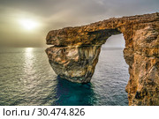 Sea view to Azure window natural arch, now vanished, Gozo island, Malta (2016 год). Стоковое фото, фотограф Сергей Майоров / Фотобанк Лори