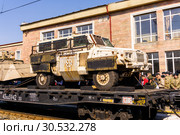 Improvised armored car of terrorists on a railway flatcar (2019 год). Редакционное фото, фотограф Евгений Харитонов / Фотобанк Лори