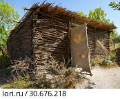 Хижина со стенами из переплетенных прутьев, крытая тростником, археологический парк "От кочевий к городам", Дивногорье, Воронежская область (2018 год). Редакционное фото, фотограф Вячеслав Палес / Фотобанк Лори