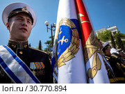 Офицеры Черноморского флота ВМФ России в парадном строю во время праздничного митинга посвященного Дню Черноморского флота в городе Севастополе, 13 мая 2019. Редакционное фото, фотограф Николай Винокуров / Фотобанк Лори