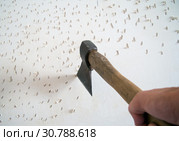 Нанесение с помощью топора насечек на стену перед укладкой плитки. Стоковое фото, фотограф Вячеслав Палес / Фотобанк Лори