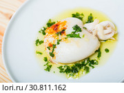 Fried cuttlefish with green sauce. Стоковое фото, фотограф Яков Филимонов / Фотобанк Лори