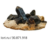 Conglomerate of morion, feldspar and mica crystals isolated on white background. Стоковое фото, фотограф Евгений Харитонов / Фотобанк Лори