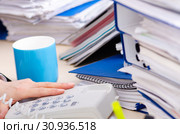 Middle-aged businesswoman unhappy with excessive work. Стоковое фото, фотограф Elnur / Фотобанк Лори