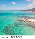 Aerial view of beautiful tropical beach with turquoise sea. Tropical vacation paradise destination of D'eau Douce and Ile aux Cerfs Mauritius. Стоковое фото, фотограф Matej Kastelic / Фотобанк Лори