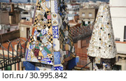 Palau Guell roof with chimneys turned by architect Antoni Gaudi into sculptures (2018 год). Редакционное видео, видеограф Яков Филимонов / Фотобанк Лори