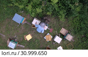 Горная пасека. Пчеловоды за работой. Вид с воздуха. Mountain apiary. Beekeepers at work. Aerial view. Стоковое видео, видеограф Евгений Романов / Фотобанк Лори