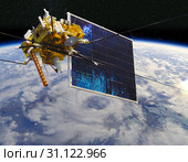 Modern meteorological satellite at the Earth orbit. Стоковая иллюстрация, иллюстратор Александр Володин / Фотобанк Лори