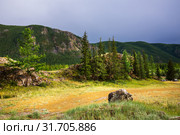Горный пейзаж, видимый с Чуйского тракта. Кош-Агачский район, Республика Алтай, Россия. Стоковое фото, фотограф Евгений Мухортов / Фотобанк Лори