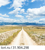 Dirt road leading trough dry rocky Mediterranean coastal lanscape of Pag island, Croatia in summertime. Стоковое фото, фотограф Matej Kastelic / Фотобанк Лори
