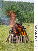 Горящий на поляне костёр. Birning campfire. Стоковое фото, фотограф Евгений Романов / Фотобанк Лори