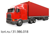 A large retro red truck with a sleeping part and an aerodynamic extension carries a trailer with a sea container. 3d rendering. Стоковая иллюстрация, иллюстратор Владимир Хапаев / Фотобанк Лори