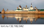 Spaso-Preobrazhensky the Solovetsky Stavropegial monastery on Bolshoy Solovetsky island in the White sea. Arkhangelsk region. View from the Holy lake. Russia. Стоковое видео, видеограф Наталья Волкова / Фотобанк Лори