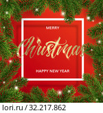 Frame of Christmas tree branches and golden text. Стоковая иллюстрация, иллюстратор Анастасия Филиппова / Фотобанк Лори